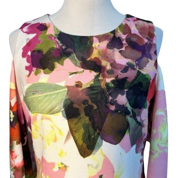 Jax black label size 10 pink purple 
Floral-Print Cold-Shoulder Sheath Dress - Picture 3 of 14